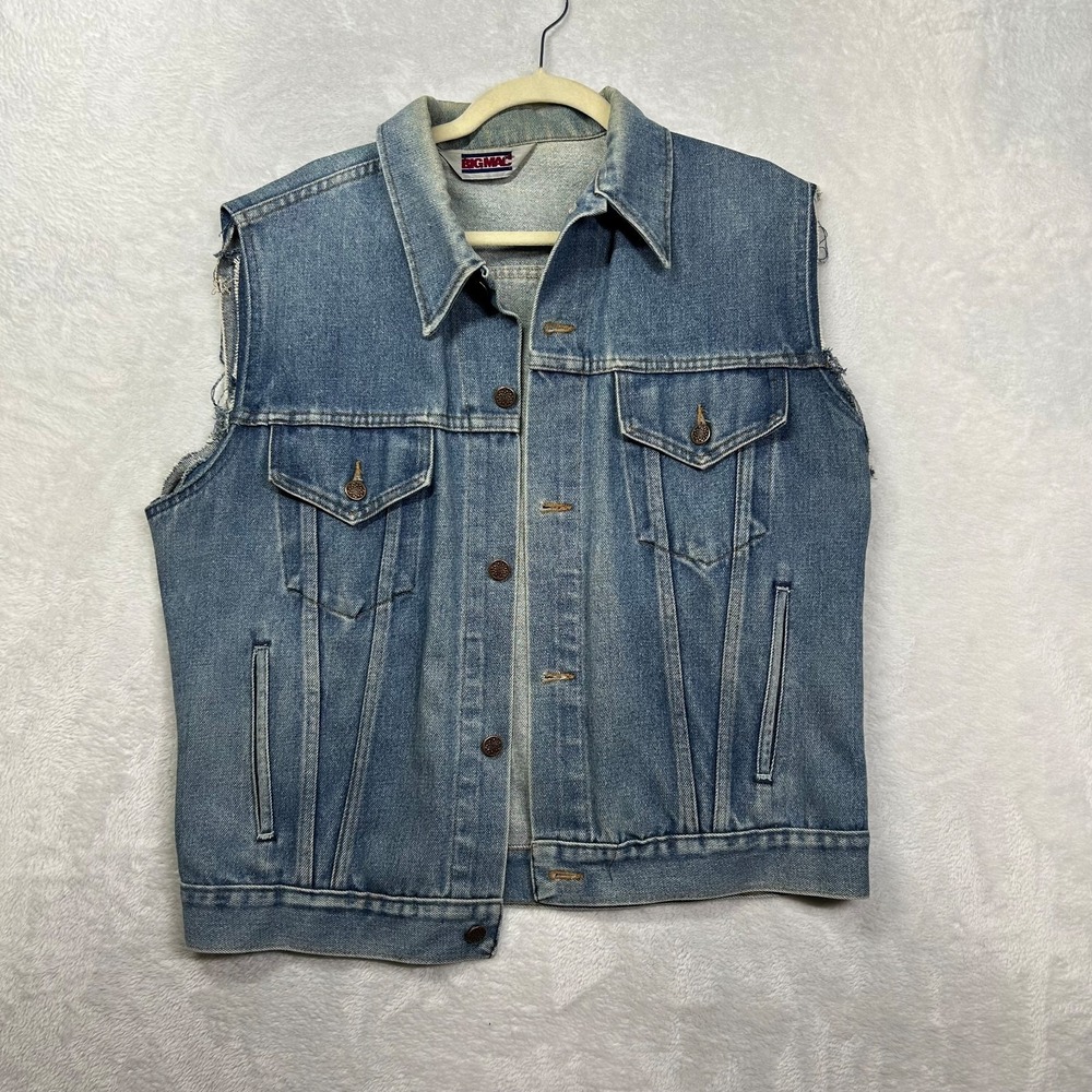 Big Mac‎ Denim Trucker Vest Men's Blue Hand Painted Collared Pockets Button Up